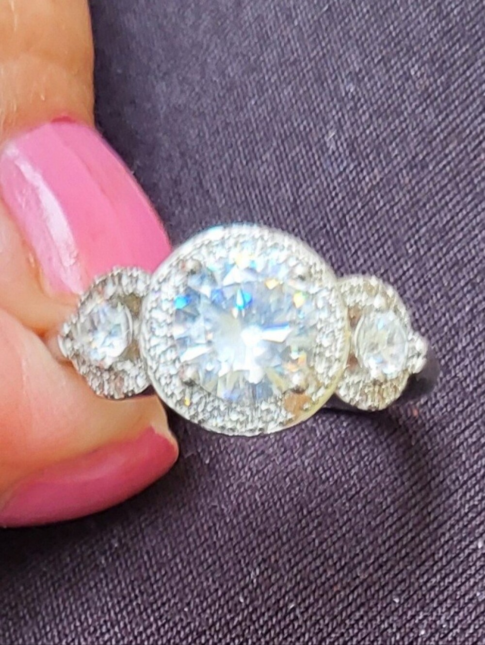 STUNNING  Three-Stone Halo CZ Ring in .925 Silver